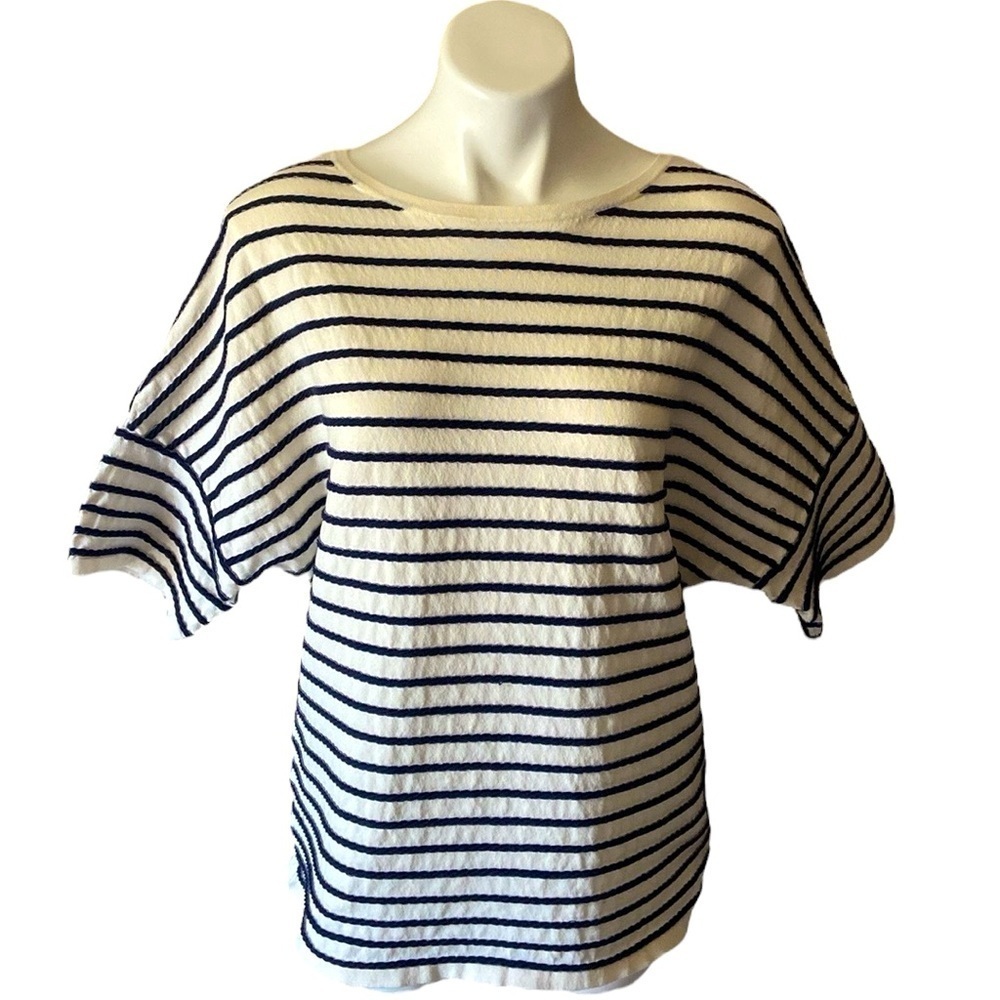 Anne Klein Womenβs Black And White Striped Short Sleeve Shirt Size Large Office